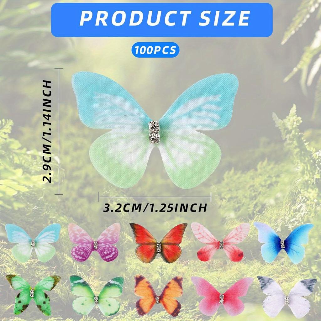 100PCS Beautiful Mini Butterflies for Crafts, Heads Organza Butterfly Set, Butterflies for Crafts, Fabric Butterfly Hair Clips Appliques