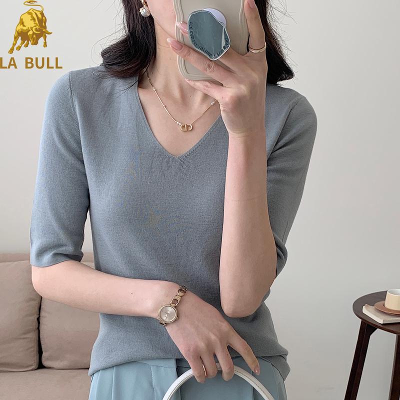 

LA BULL Women s 100% Wool V-Neck Short Sleeve Knit Sweater XL