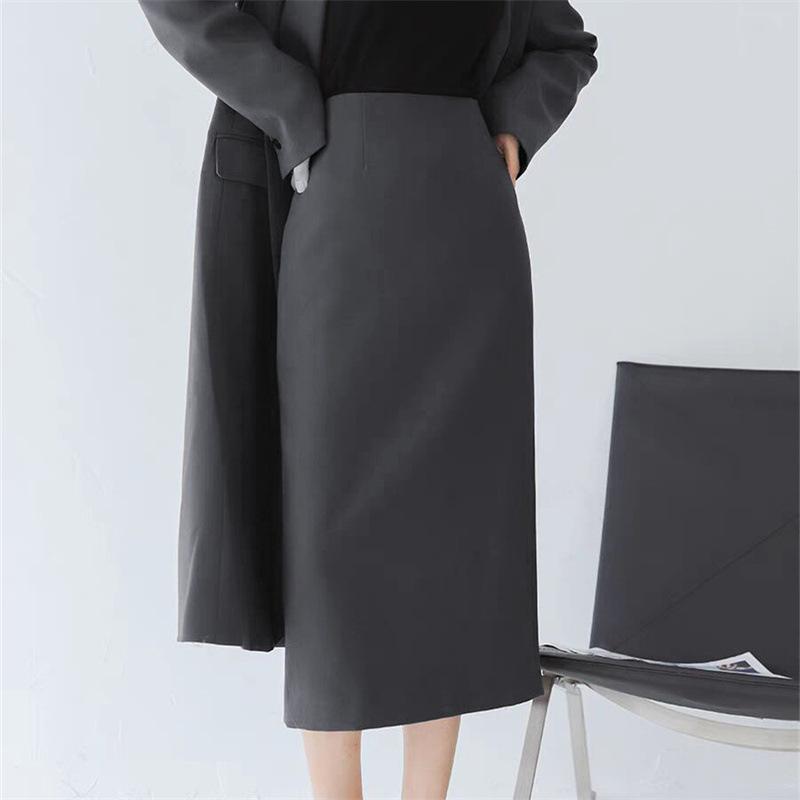 Women's Mid-Length Coffee-Colored A-Line High-Waisted Slit Skirt