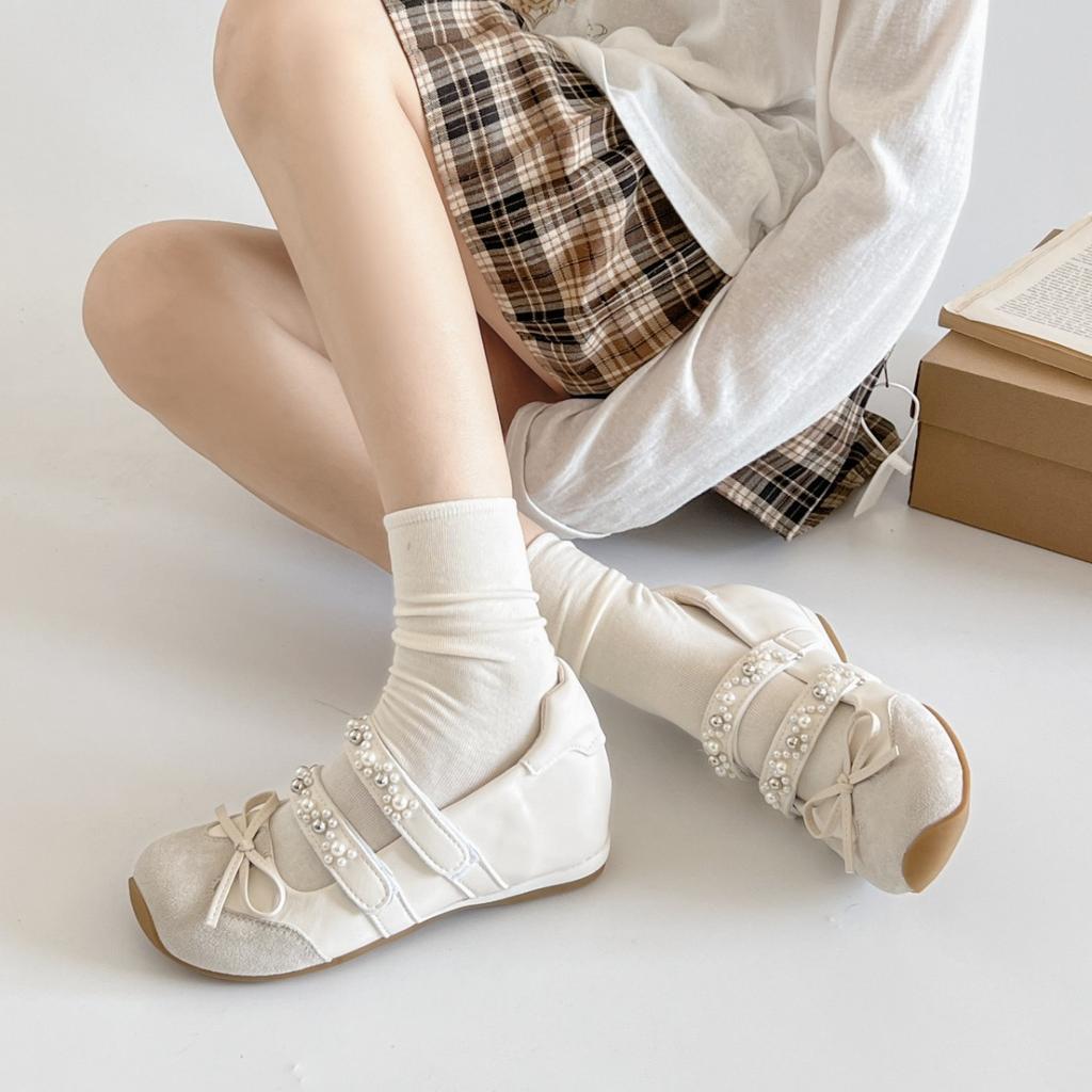 Ballet Dream Silver Sports Mary Jane Shoes Women's Pearl Baotou Sandals Spring and Summer French Bow Shoes