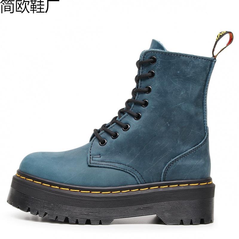 Top layer platform locomotive boots women, side zipper Crazy Horse brown short boots leather loose