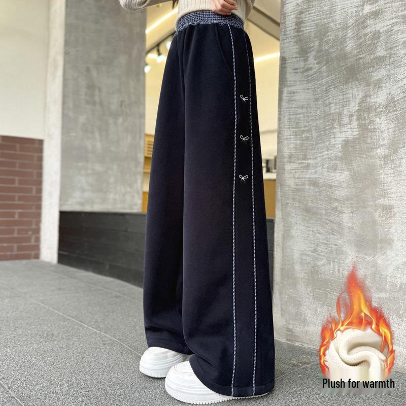 

Дівчачі штани на флісовій підкладці з бантом - Стиль Осінь/Зима 2025, Широкі штанини, Щільні, для дітей середнього та старшого віку 160 cm темно-синього кольору