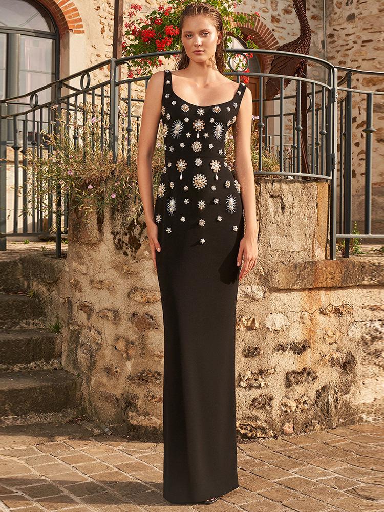 Elegant Rhinestone Beaded Ball Gown with Elastic Tank Skirt