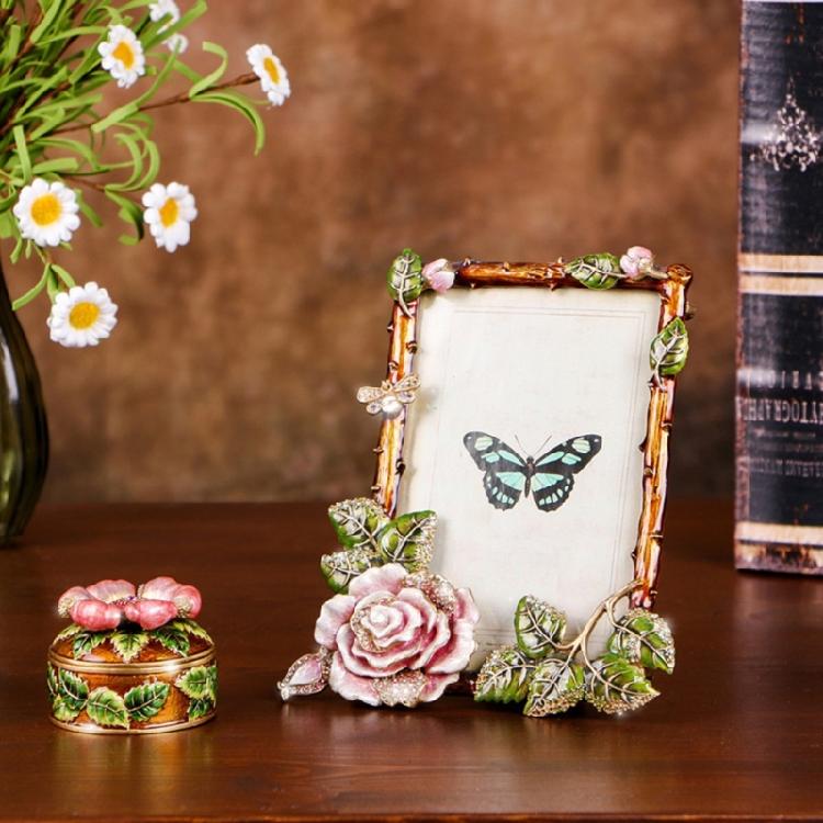 Cornice per Foto in Metallo Antico Decorata con Fiori Smaltati Colorati e Motivo di Uccelli Cornice da Tavolo per Foto Cornice Regalo
