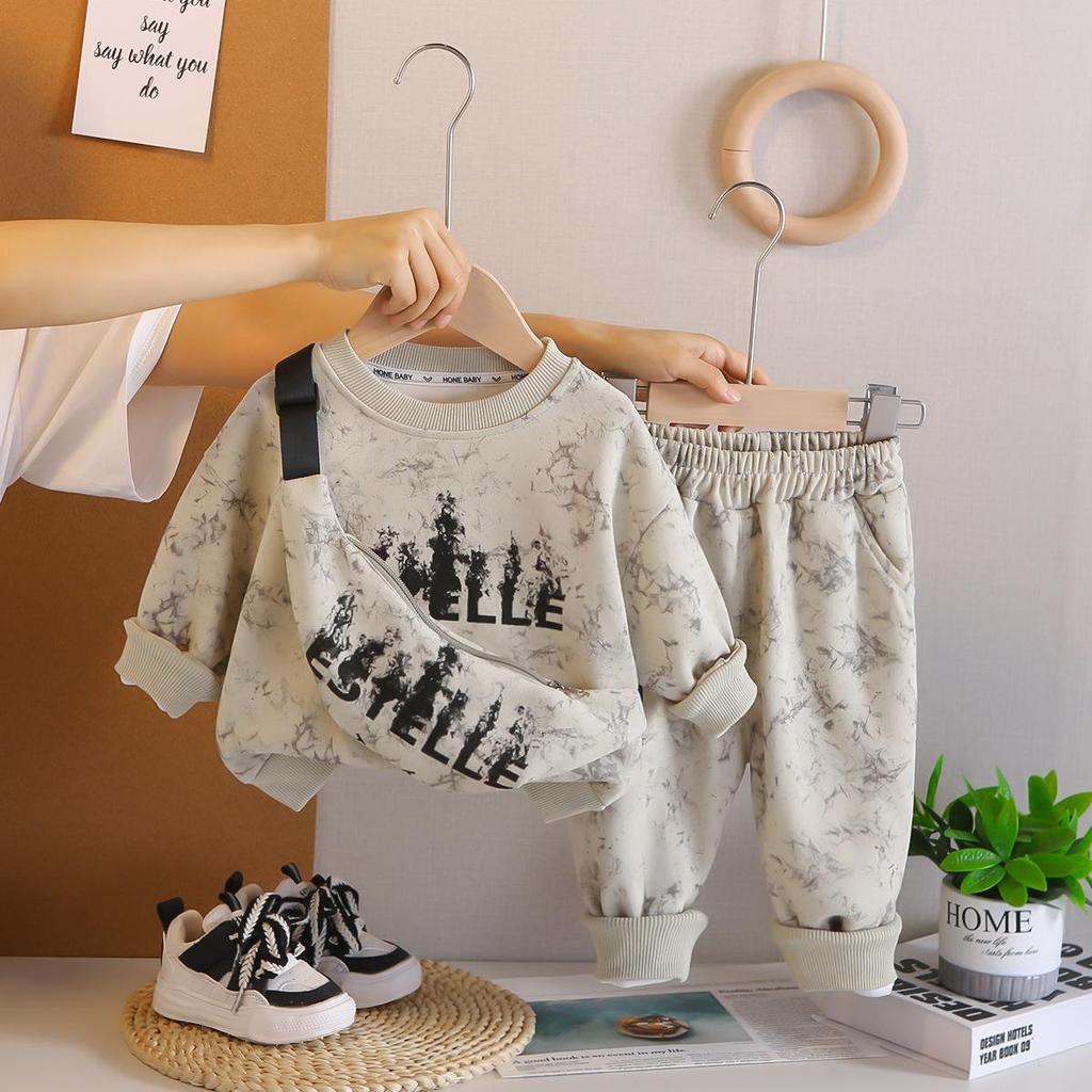 2025 Boys' Tie-Dye Sweatshirt & Crossbody Bag Set - Long Sleeve, Round Neck, Korean Style Two-Piece for Autumn & Spring