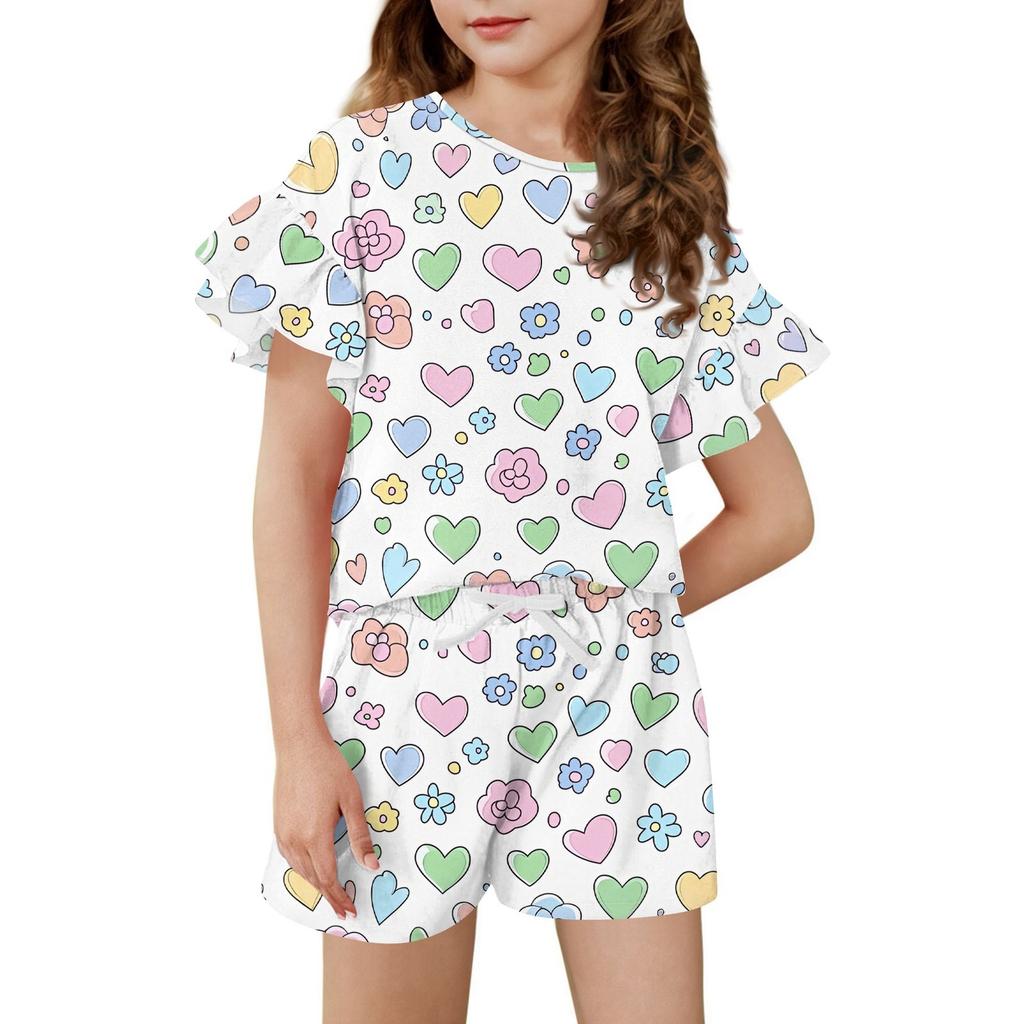 Girls' Summer Outfit Ruffle Sleeve Top And Shorts Clothing Set Lightweight Casual Two Piece