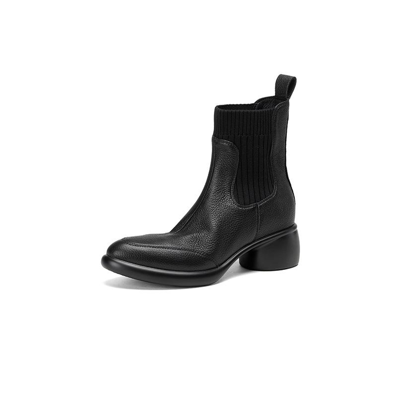 British retro leather Martin boots women's 2025 autumn and winter new thin boots thick heel thin pointed knitted short boots