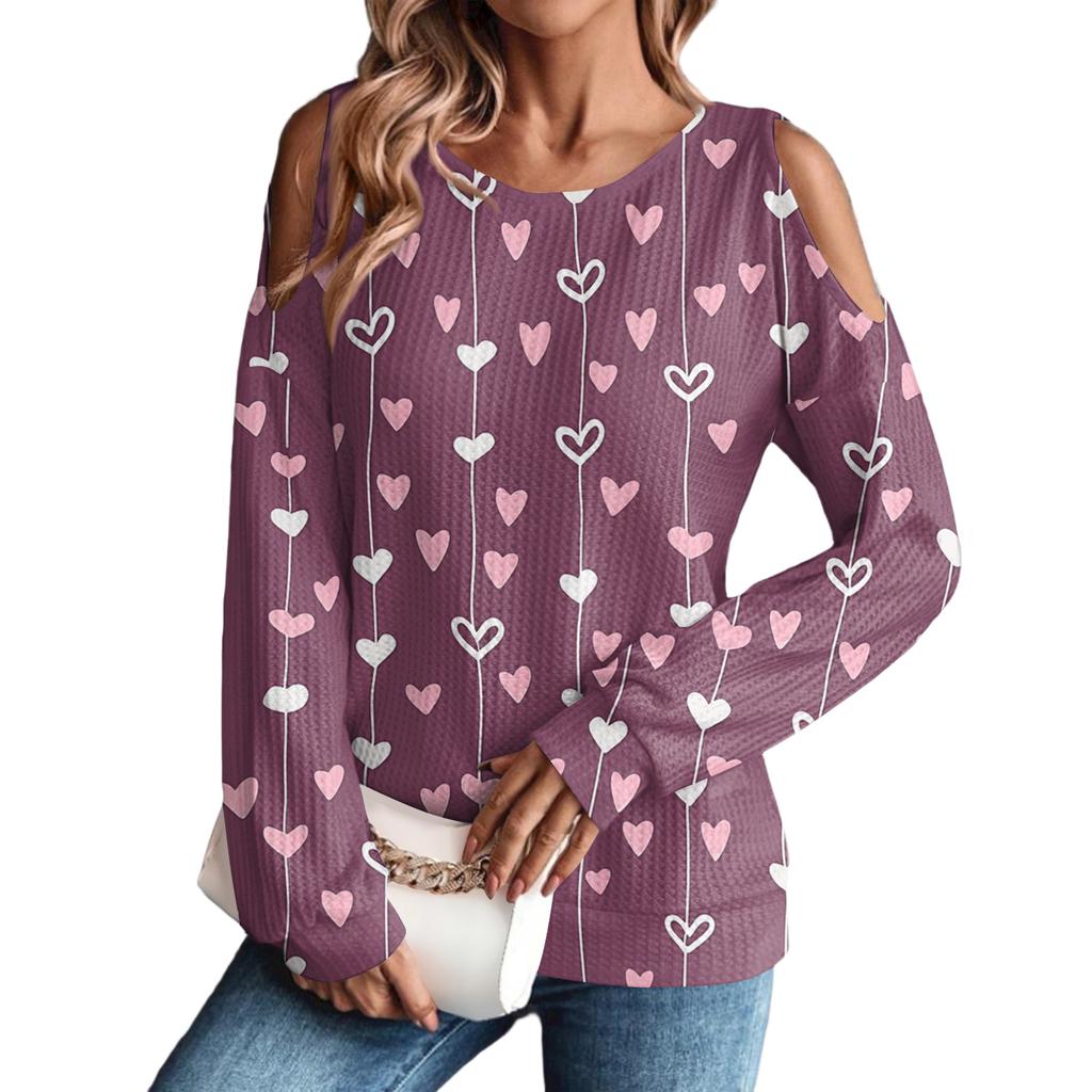 Women's Winter Oversized T-Shirt Fashionable Off-the-Shoulder Round Neck Vintage Floral Print Pullover Long-Sleeved Top