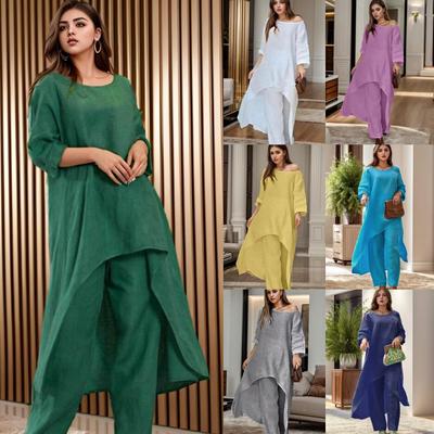Tooxika New Cotton And Linen Irregular Long Sleeved Top, Wide Leg Pants, Casual Solid Color Set