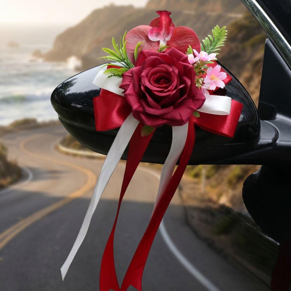 Ribbon Bow Wedding Decor Simulation Rose Car Decoration Artificial Rose Door Handle