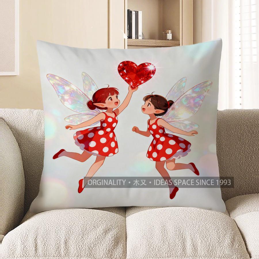 2D Fairy Girls With Heart-Shaped Gem Throw Pillow Pattern Cushion Cover Suitable For Sofa Bedroom Car Pillow Cover