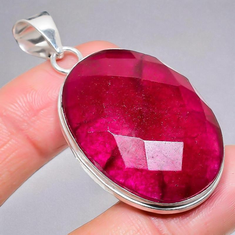 Rubin(Simuliert) Edelstein Handgefertigt 925 Sterlingsilber Schmuck Anhänger 2,17" AH-914