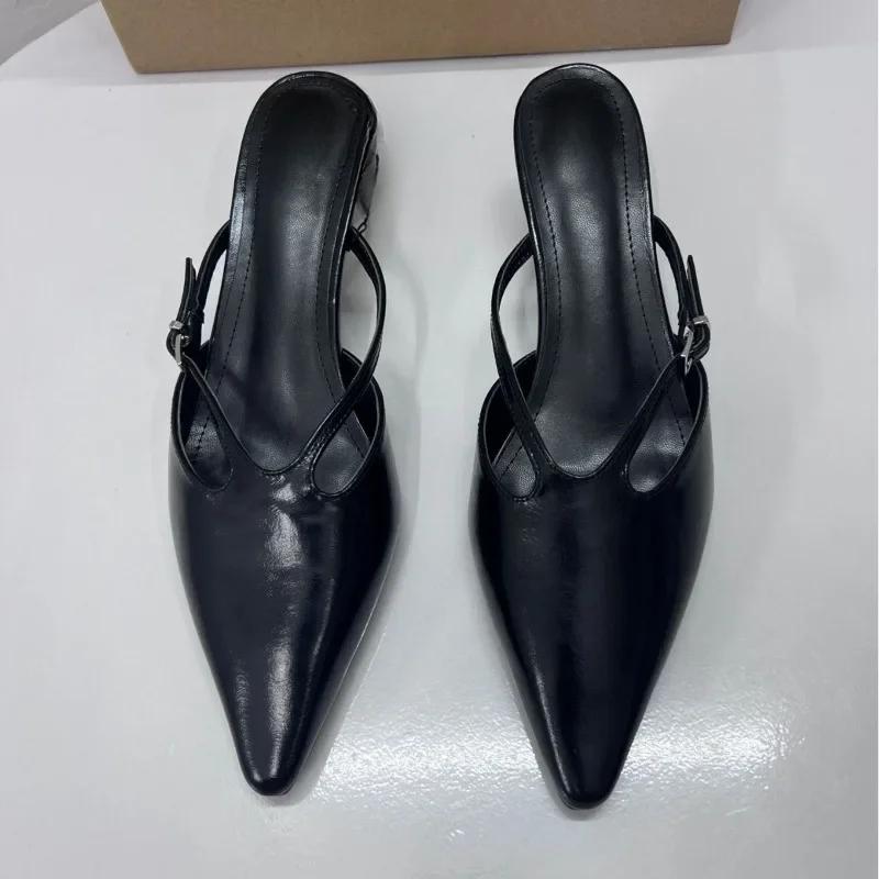 Elegant Pointed Toe Women Mules Shoes Sexy Black Buckle Strap Traf Casual Party Ladies High Heels Sandals  Summer Slingbacks