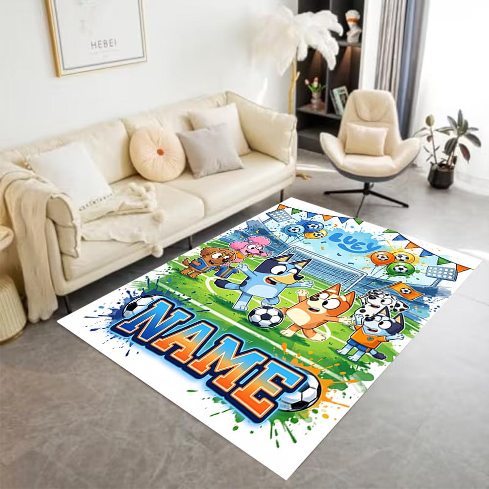 Bluey's Soccer Fun Customized Name Floor Rug Office Rug Suitable for Bedrooms Playrooms Kitchen Dormitory Anti-slip Rug Decorate Offices