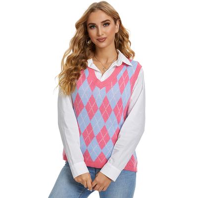 Πλεκτό Αμάνικο Γιλέκο Argyle Casual Vintage Μπλούζα με Λαιμόκοψη V Γυναικείο Χαριτωμένο Φθινοπωρινό Πουλόβερ