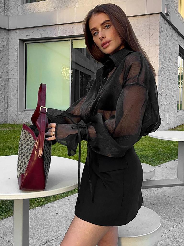 Black Mesh Turn-Down Collar Puff Sleeve Women's Shirt - 2025 New European & American Autumn Fashion