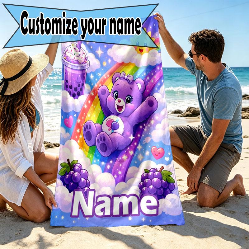 Custom Name Personalized Care Bears Print Beach Towel, for Trip Camping Beach Party Home Decor, Birthday Gift for Family & Friends
