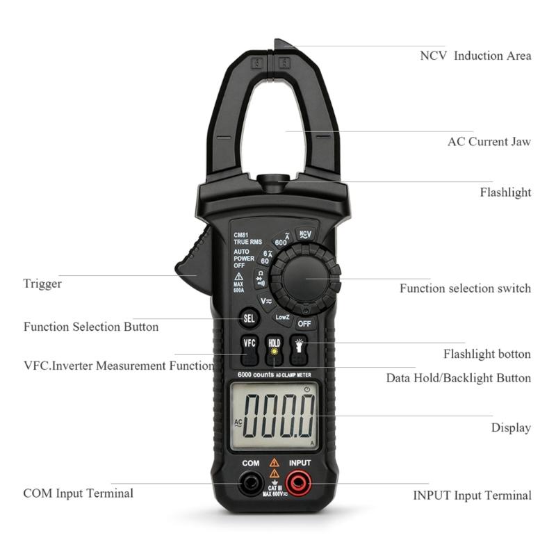 Digital Clamp Meter Auto Ranging TRMS Backlit VFC NCV Meter AC/for DC Voltage AC Current Frequency Resistance Capacitanc