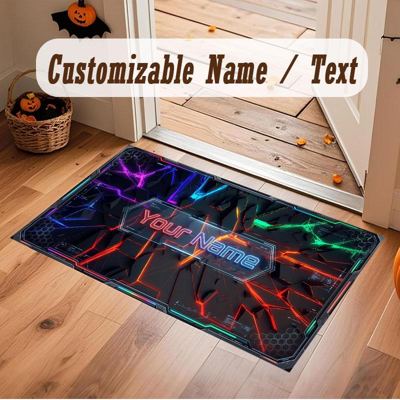 City Cyberpunk Theme Crystal Velvet Floor Rug Personalized Custom Name Text Warm Carpet Home Decoration