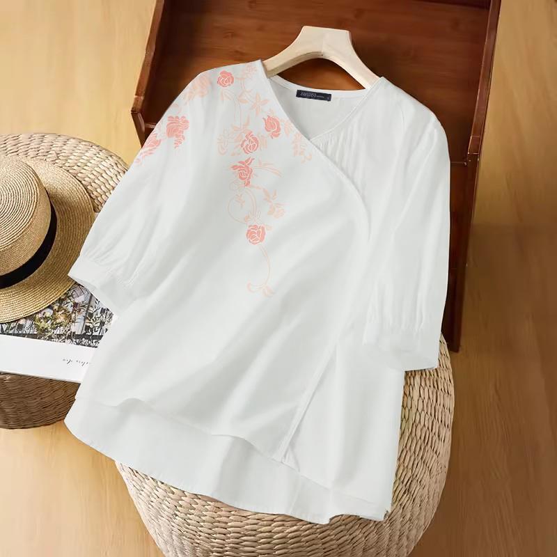 

ZANZEA Жіночі повсякденні блузки з квітковим принтом з V-подібним вирізом і короткими рукавами білий