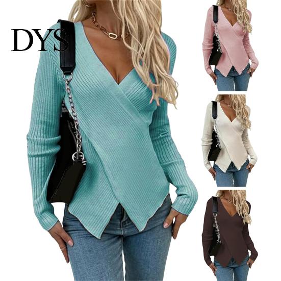 Γυναικείο Πλεκτό Πουλόβερ Σέξι V-Neck Wrap Πλεκτό Τοπ Εφαρμοστό Σταυρωτό Μπροστά Πουλόβερ Μακρυμάνικο Μαλακό Διαπνέον Ύφασμα Ρούχα Φθινοπώρου Ζεστό Wrap-around