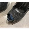 10/12/14cm Super High Heels Women Pumps  Autumn Fashion Sequined Cloth Peep Toe Shoes Black Platform Sexy Ladies Party Dress