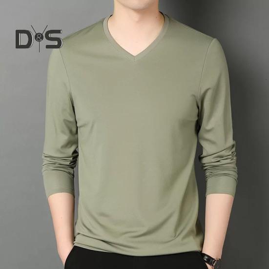 Men Fall Spring Top V Neck Long Sleeves Pure Color Slim Fit Thin Pullover T-shirt Daily Wear Sport Homewear Clothes