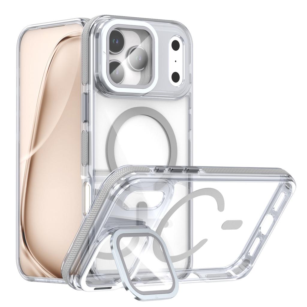 For iPhone 17 Pro Max Magnetic Case TPU Acrylic Clear Phone Back Cover with Lens Protector Kickstand