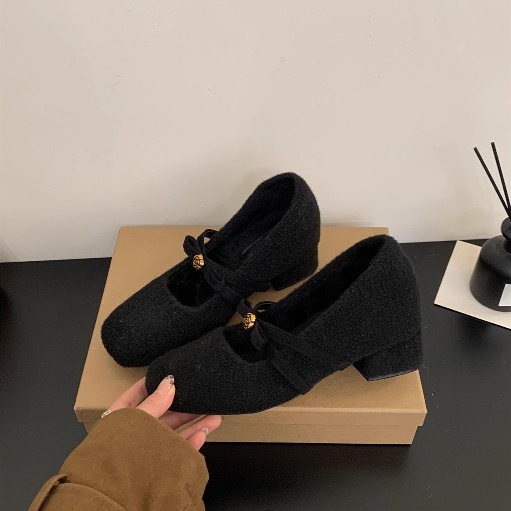 Inner height increase thick heel gray fluffy shoes female winter Korean version fairy Mary Jane shoes velvet warm cotton shoes