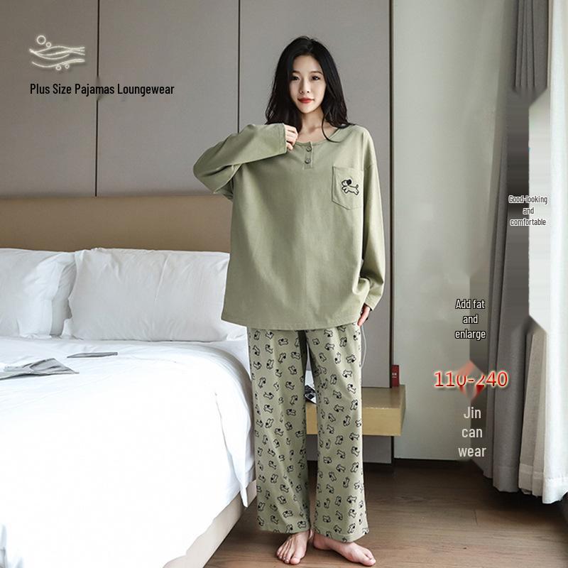 Women's Plus Size Pure Cotton Embroidered Long Sleeve Pajama Set for Home and Outdoor Wear