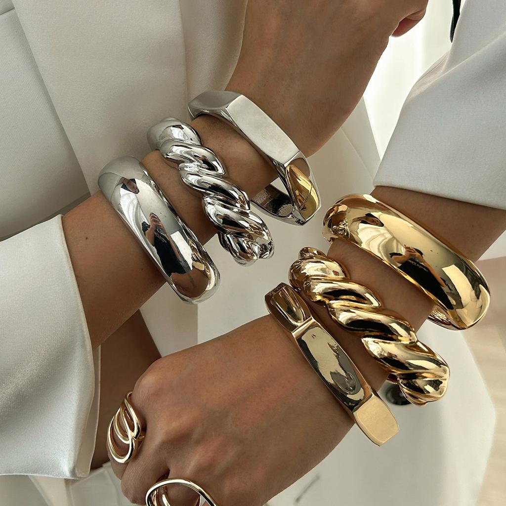 Exaggerated Metal Smooth Thread Stacked Bracelet, Personalized Retro Geometric Hexagonal Mirror Bracelet