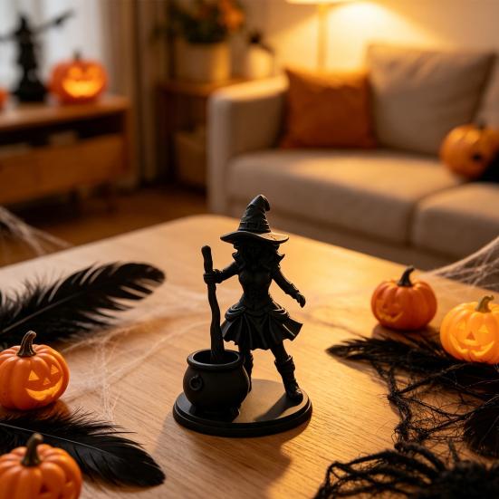 3D Printed Witch Statue Halloween Cauldron Figurine, Spooky with Black Pot, Fantasy Table Ornament Gothic Small Desktop for Tabletop Mantel