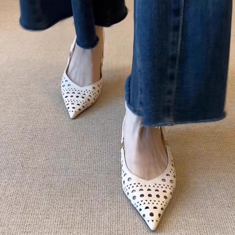 Sheepskin Version~ 2025 New French Beautiful Hollowed-out One-pedal Pointed Head Thin Heel Shallow Mouth Single Shoes Hole Shoes Outer Wear