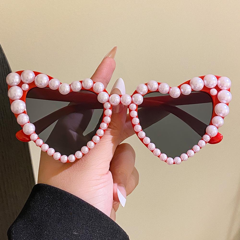 Heart-Shaped Exaggerated Party Sunglasses with Pearls - Handmade Fashion for Women