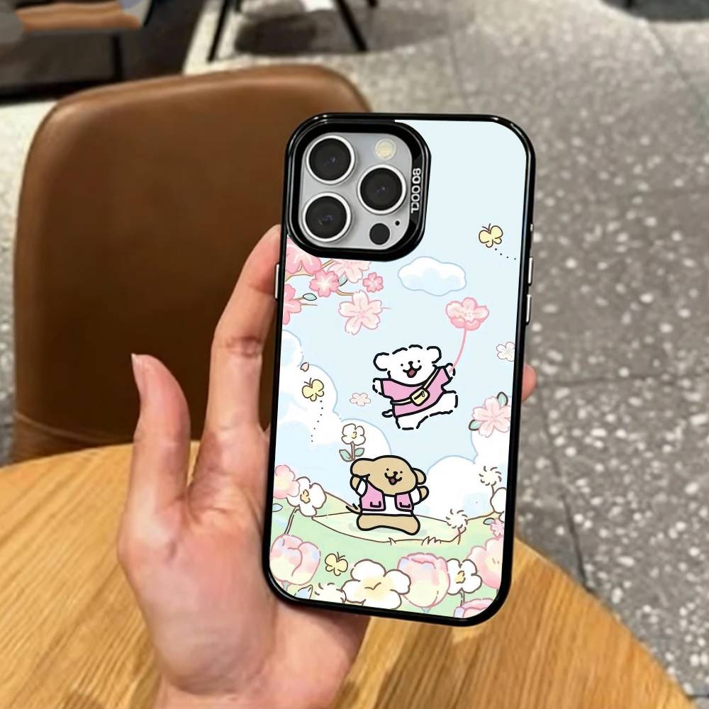 L-Lovely Line Puppy Cartoon Cute Dog   Phone Case For iPhone17,16,15,14,13,12,11 Plus,Pro Max Colored Silver Plated Inside Cover