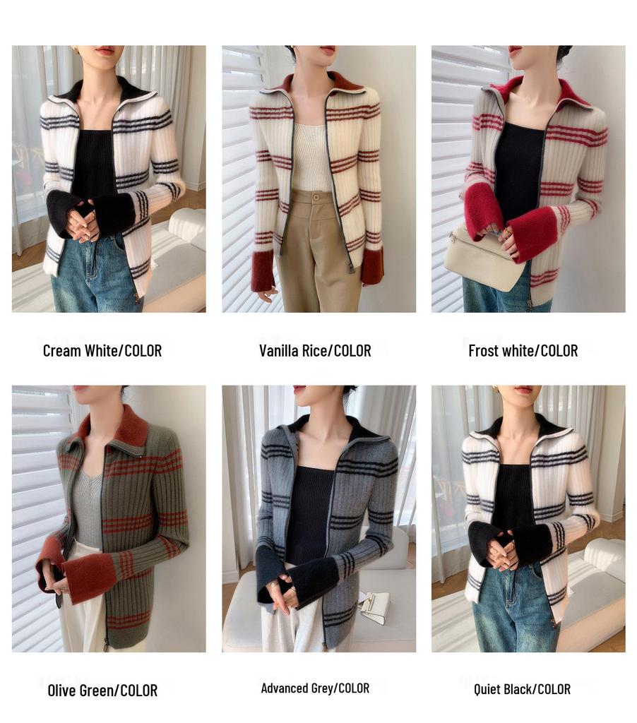 Color Block Slim Fit Cashmere Cardigan - Women's High Collar Zipper Sweater.