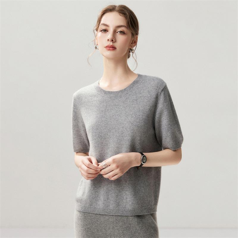 Top a strati da donna Lekasha in cashmere a maniche corte con scollo rotondo