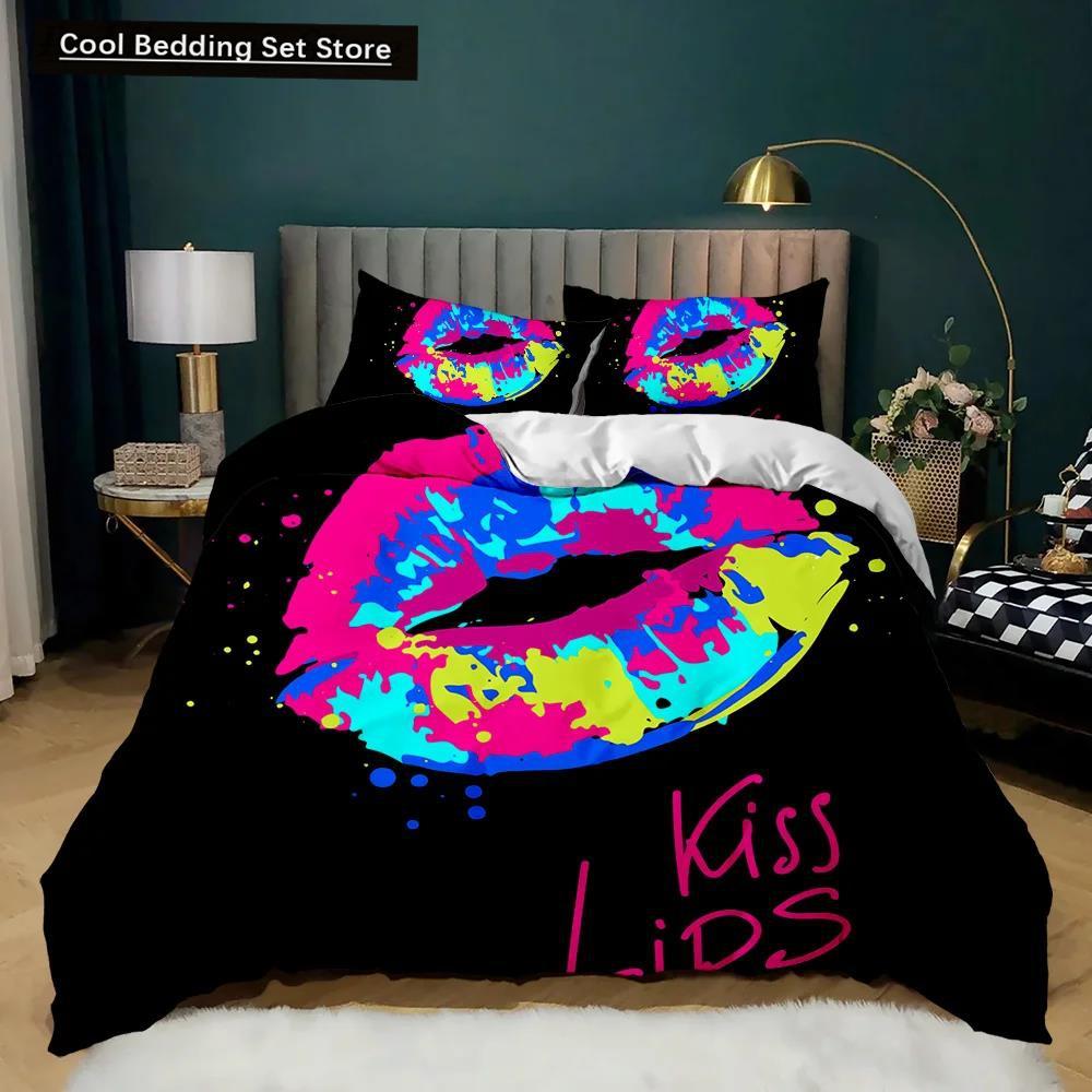 Juego de Funda Nórdica para Labios Juego de Cama de Labios Dorados Sexy Pareja Adulta Individual Doble Queen King Size Cubierta de Edredón de Poliéster con Marcas de Besos 3D