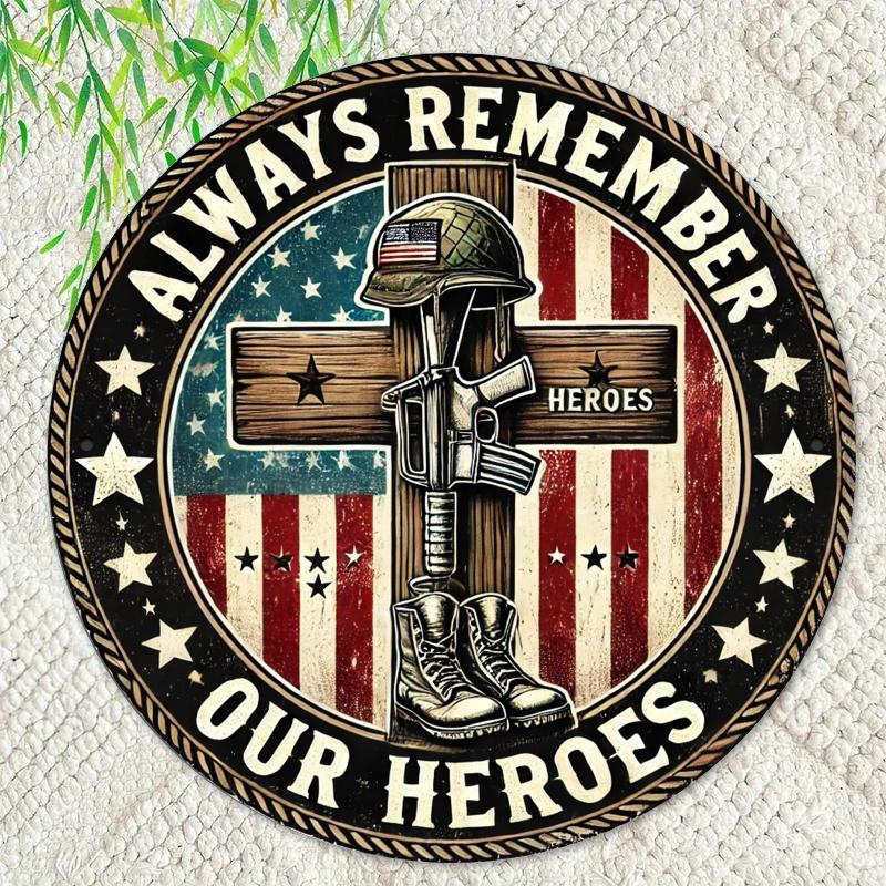 Vintage Patriotic Army Boots & Cross Round Aluminum Sign