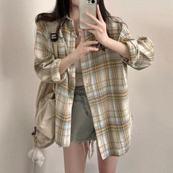 Korean Style Women's Plaid Shirt Top Plaid Shirt Loose and Versatile Thin Shirt Jacket