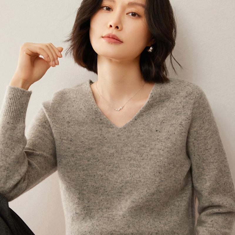 Nový luxusní svetr ze 100% čisté vlny s květinovým vzorem - Dámský korejský výstřih do V, silná a volná pletenina