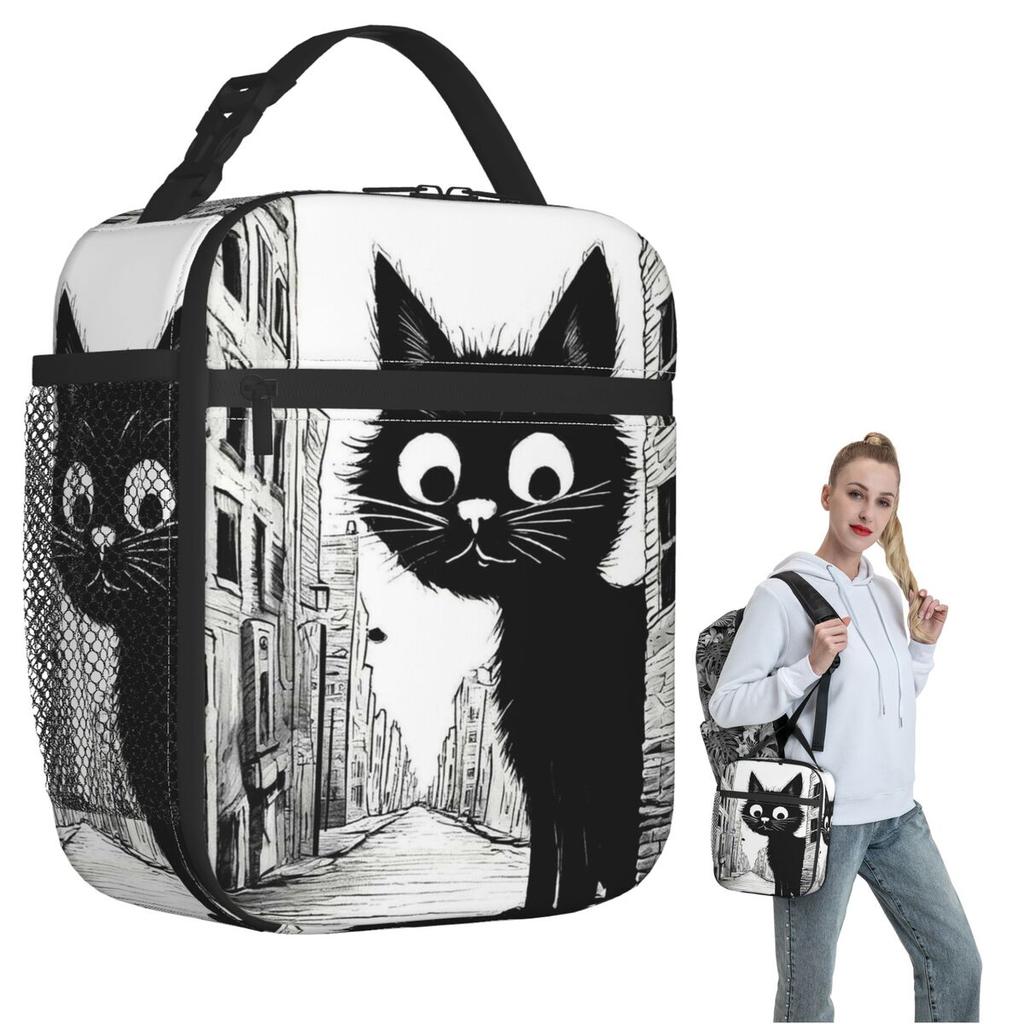 Vintage Black Cat And European Street Scene Insulated Lunch Bag for Women Children Leakproof Food Boxes Thermal Lunch Box Tote