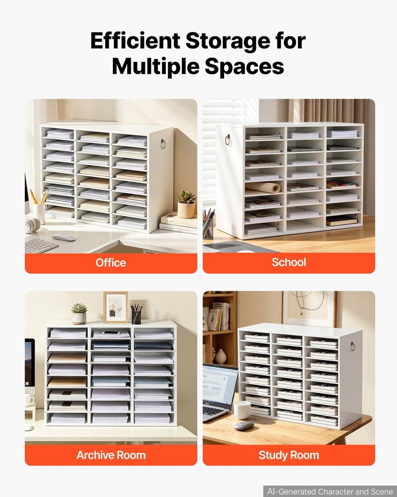 Wood Literature Organizer 24 Compartments Office Mailboxes White, Countertop Literature Sorter for Files Documents Papers, with Adjustable Shelves,