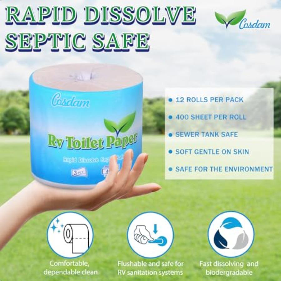 

Туалетная бумага для автодома 12 рулонов 3-слойная 400 листов быстро растворимая туалетная бумага для кемпинга, морская, для баков-накопителей автодома United States