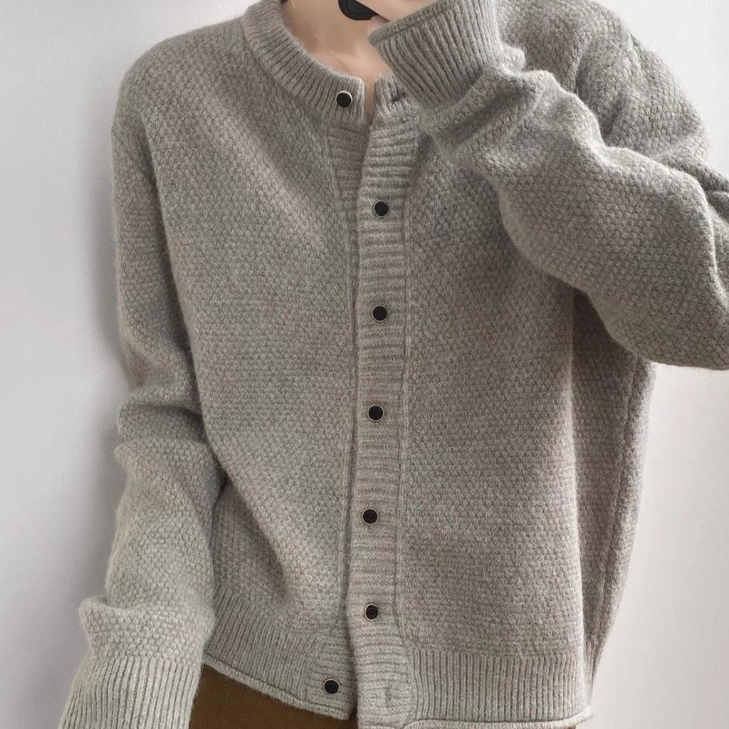 Lazy Style Round-neck Yellow Sweater Jacket for Women Spring and Autumn Knitted Cardigan Loose Solid Color Long-sleeved Casual Sweater Cardigan