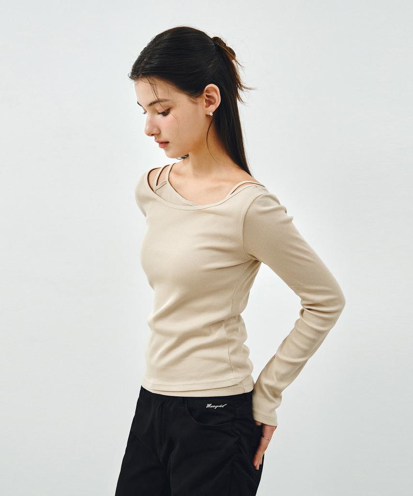MONGDOL [Set] Boat Neck Layered Ribbed T-Shirt Beige Mdts087Beige