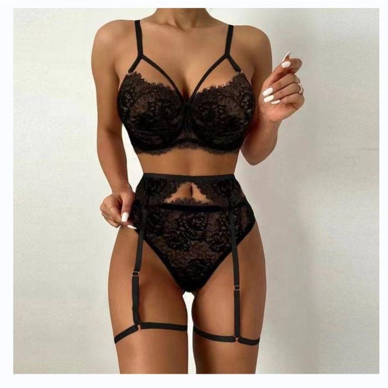

Sexy Lace Lingerie Three-Piece Set Sexy Women s Lace Pure Color Intimates Three-Piece Set L Black