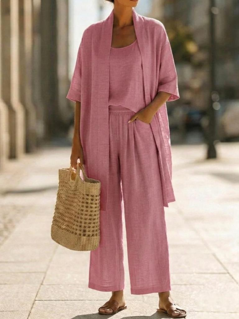 Sommer Neues Gerader Schnitt Einfarbige Reiseurlaub Bequem Freizeit Temperament Dreiteiliges Set Outfit
