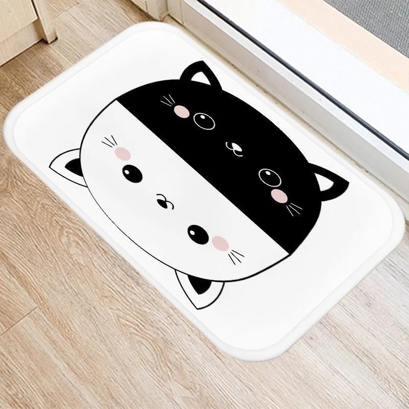Cute Cartoon Cat Faces Carpet Black White Kawaii Minimalist Home Decoration Rug Kitchen Balcony Living Room Non-slip Floor Mat