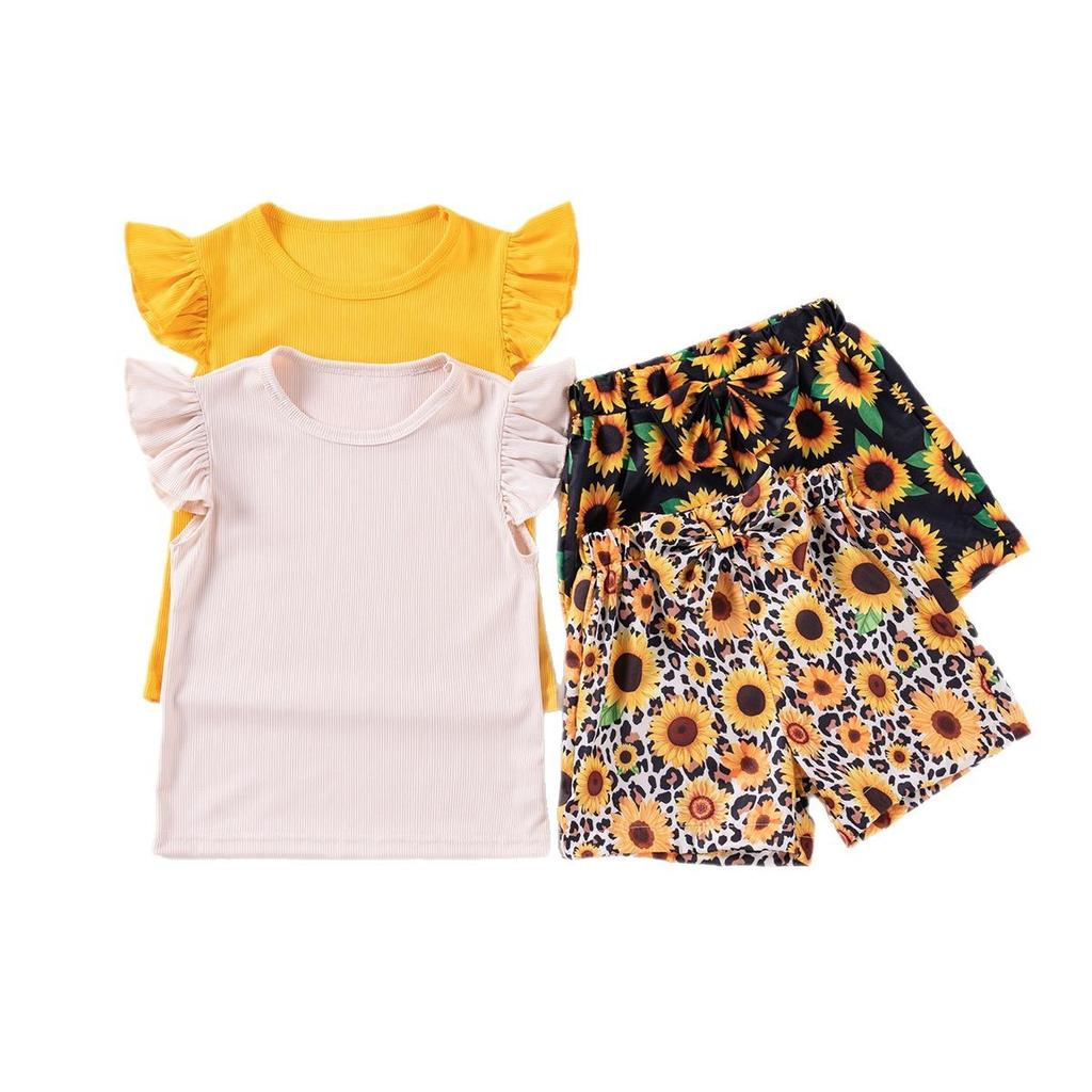 Girls Fashion Cute Solid Color Top Sunflower Printed Shorts Two-piece Set 2025 Summer Children's Casual Set